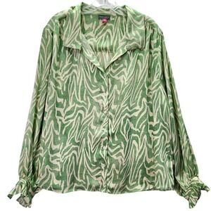 Vince Camuto Button Front Womens 2X‎ Green Zebra Print Satin Long Sleeve Blouse